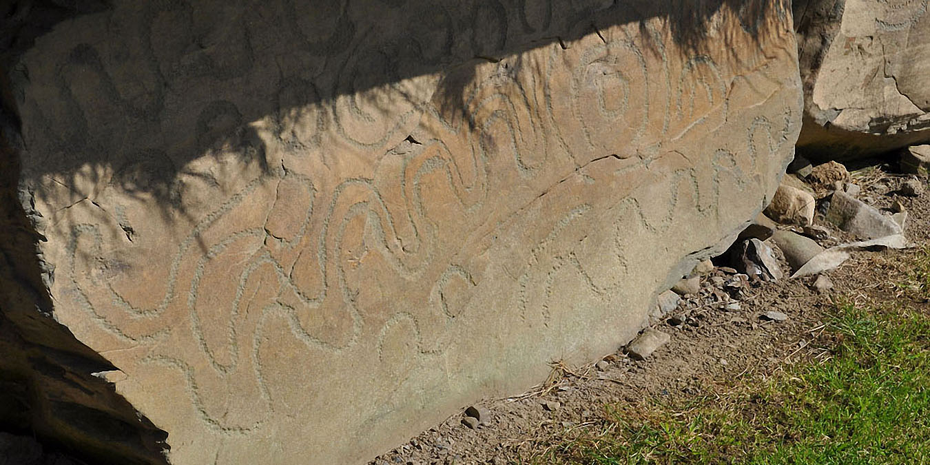 Knowth : gravures serpentiformes gravées sur une pierre du mur d’enceinte