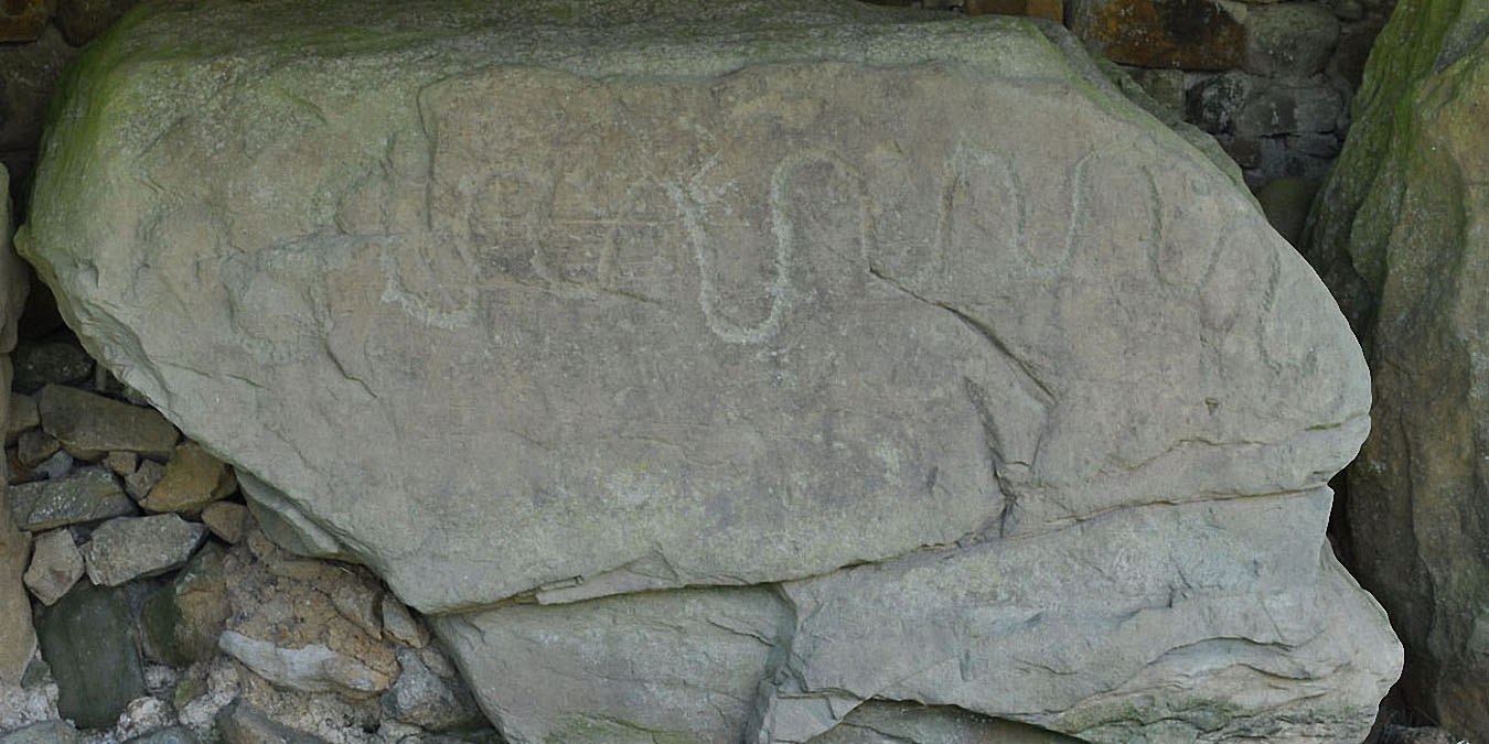 Knowth : serpent gravé sur une pierre du mur d’enceinte